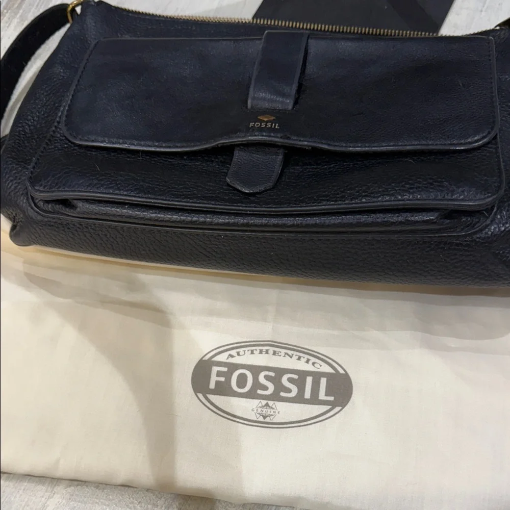 Fossil Black Leather Messenger Bag with Gold Hardware Accents